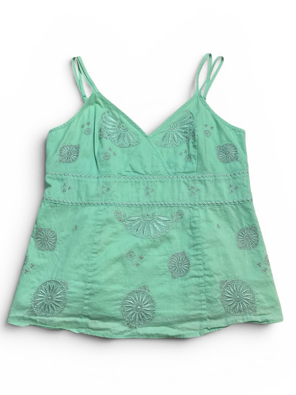 Y2K medallion Embroidered Spaghetti-Strap Women’s babydoll Top cotton mint green
